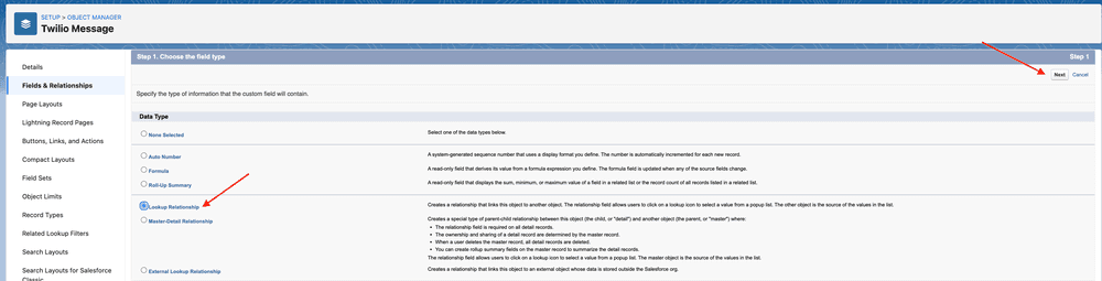 Select Lookup Relationship under Data Type in Twilio Message setup.