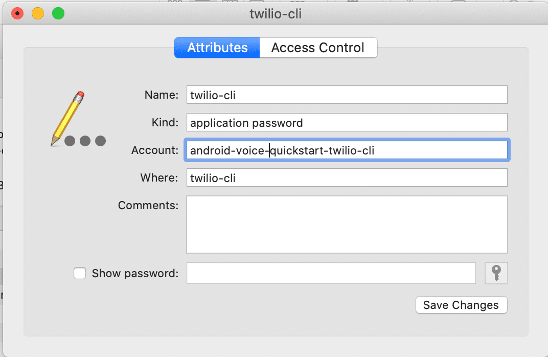 Application password settings for 'twilio-cli' with account 'android-voice-quickstart-twilio-cli'.