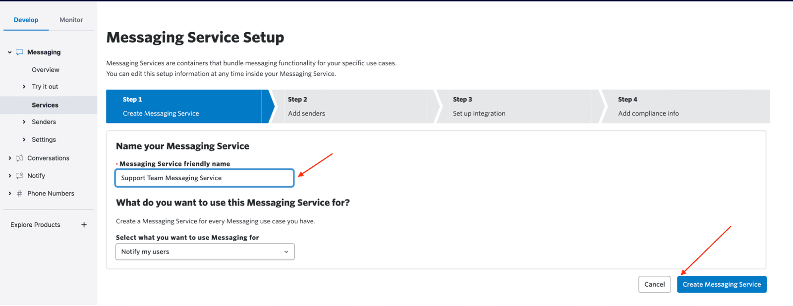 Step 2 of Messaging Service Setup: Add senders to service from the sender pool.