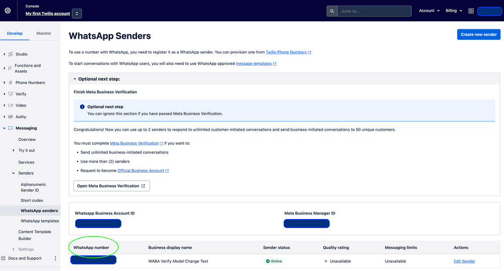 WhatsApp sender setup page with business verification steps and sender details table.