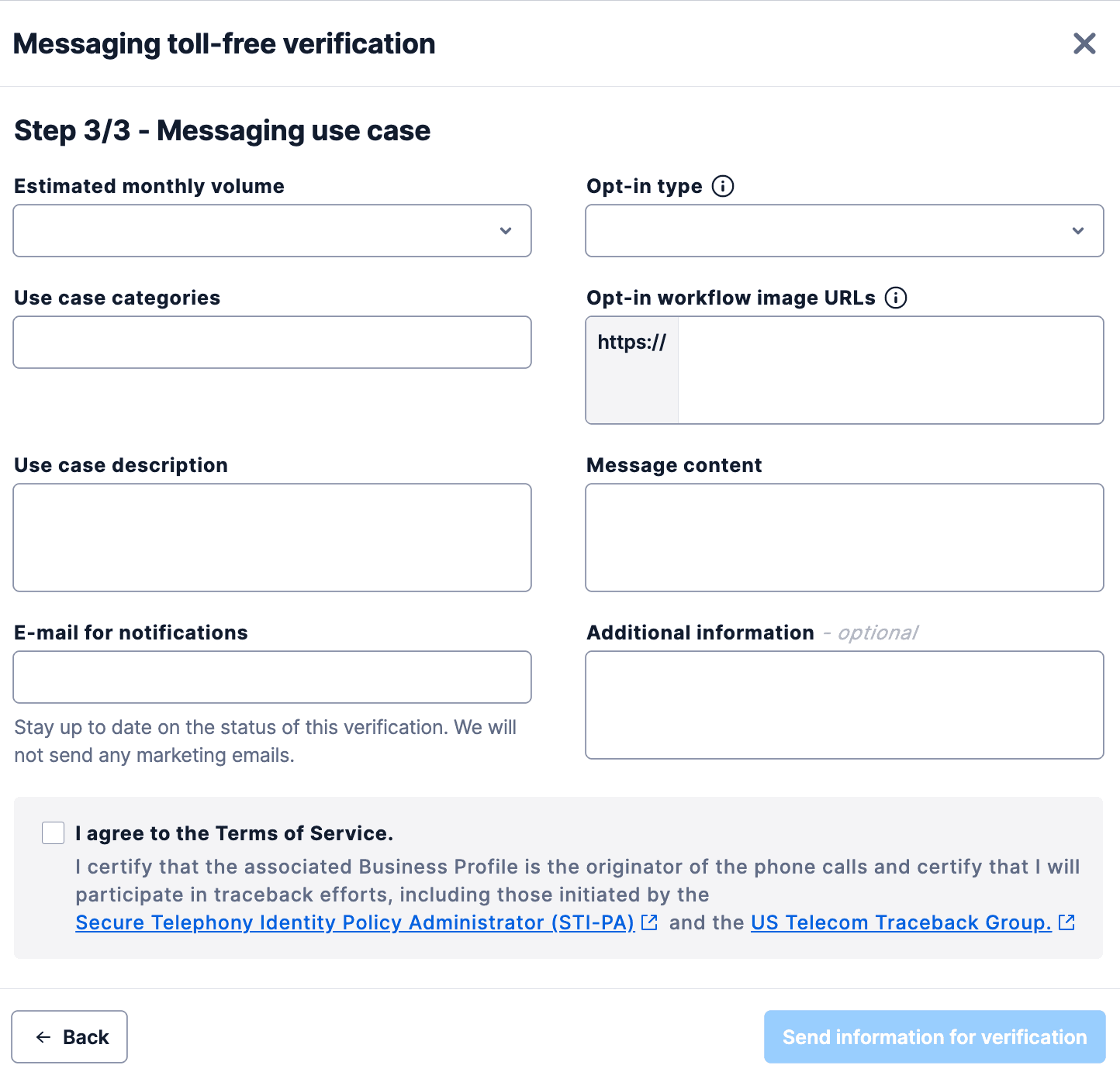 Form for toll-free verification with fields for legal entity, website, name, email, and phone number.