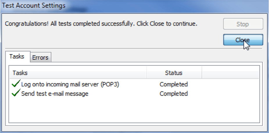 Test account settings showing all tasks completed successfully.