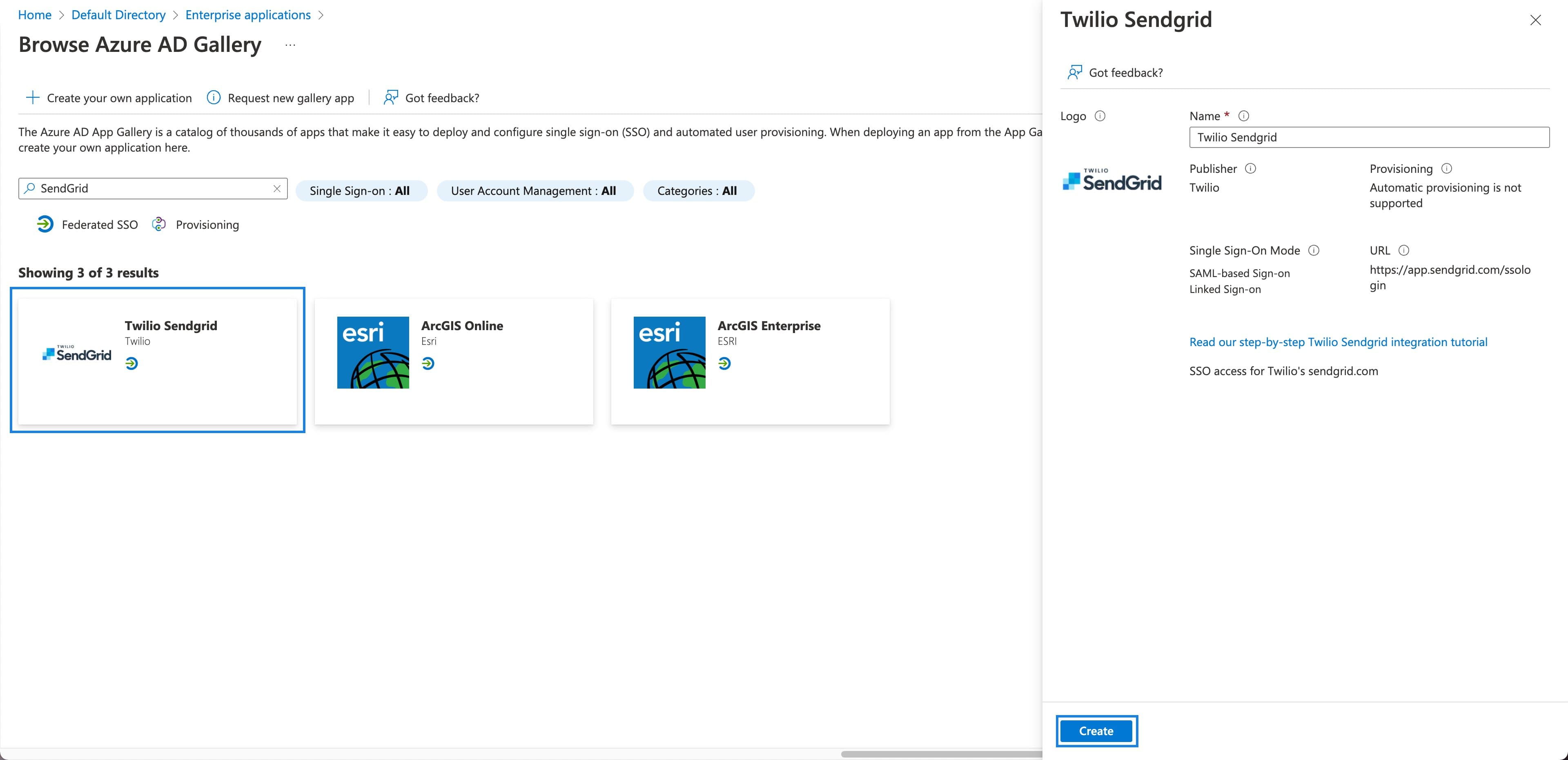 Azure AD Gallery showing Twilio SendGrid app with SSO and provisioning details.