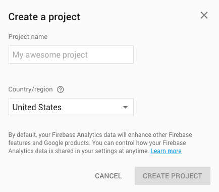 Firebase project creation form with fields for project name and country selection.