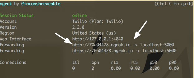 Ngrok session showing Twilio account, version 2.2.8, region US, and forwarding URLs to localhost.