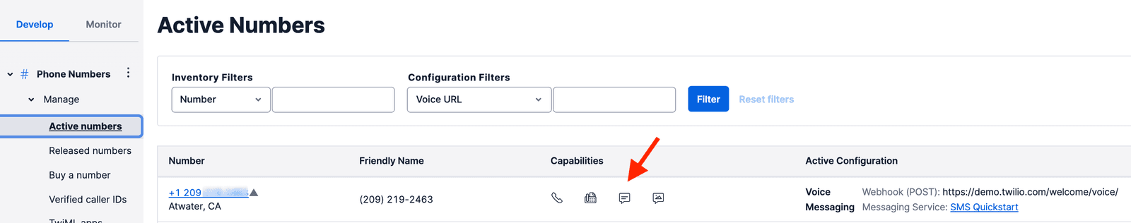 Twilio dashboard showing active phone numbers with SMS Quickstart messaging service.