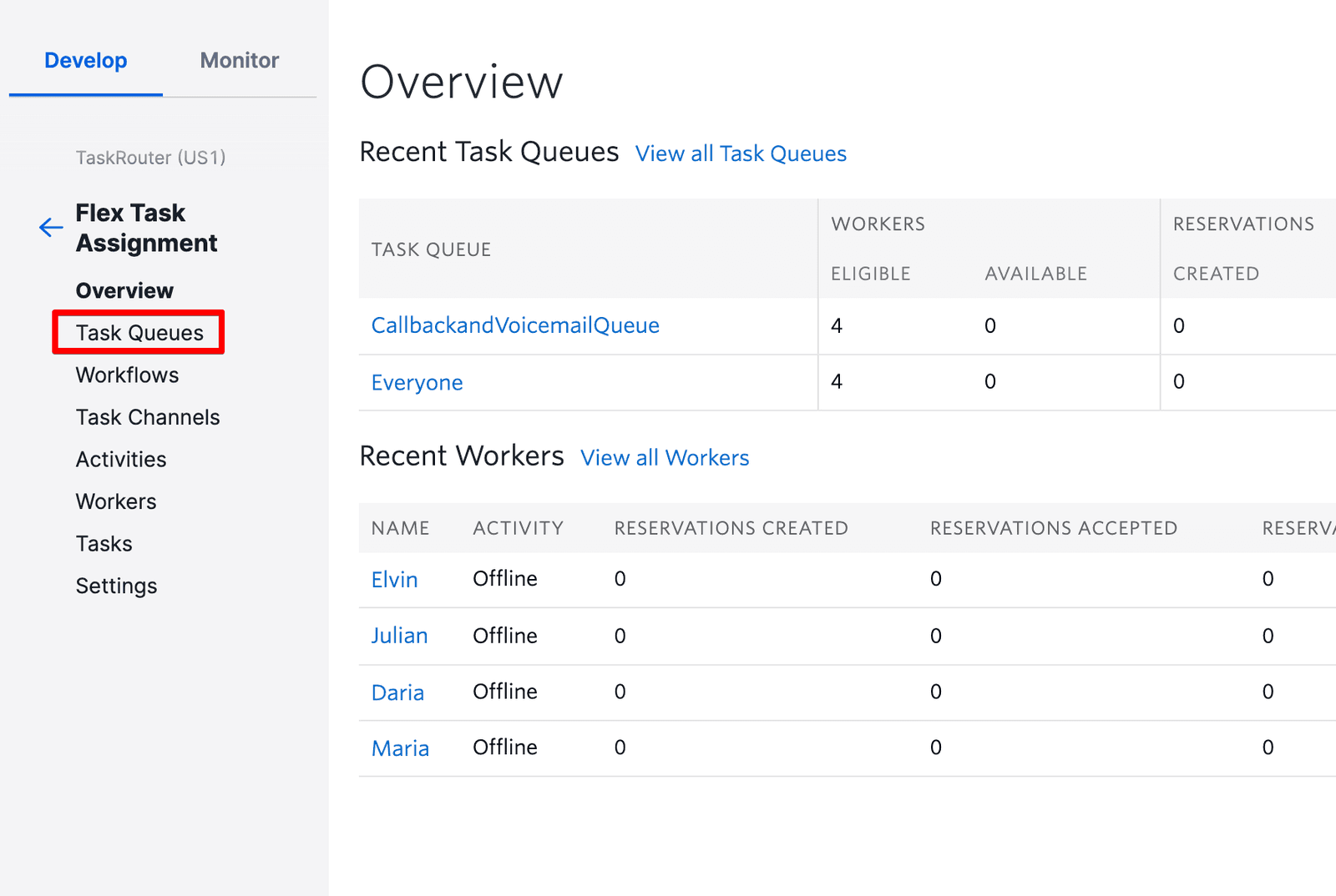 Task queues overview showing eligible workers and recent workers offline.