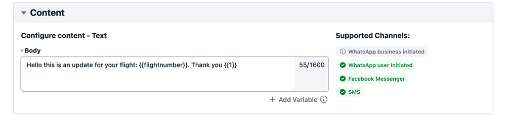 Text editor with flight update template and supported channels including WhatsApp and SMS.