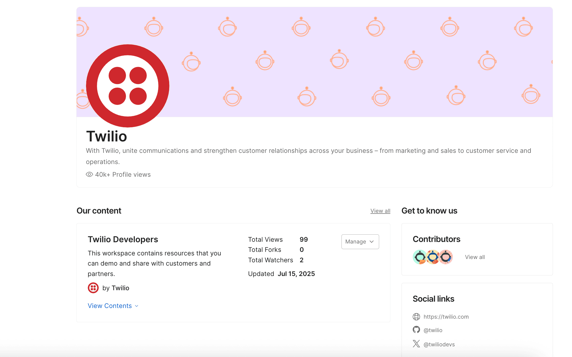 Twilio profile page with logo, description, and developer resources.