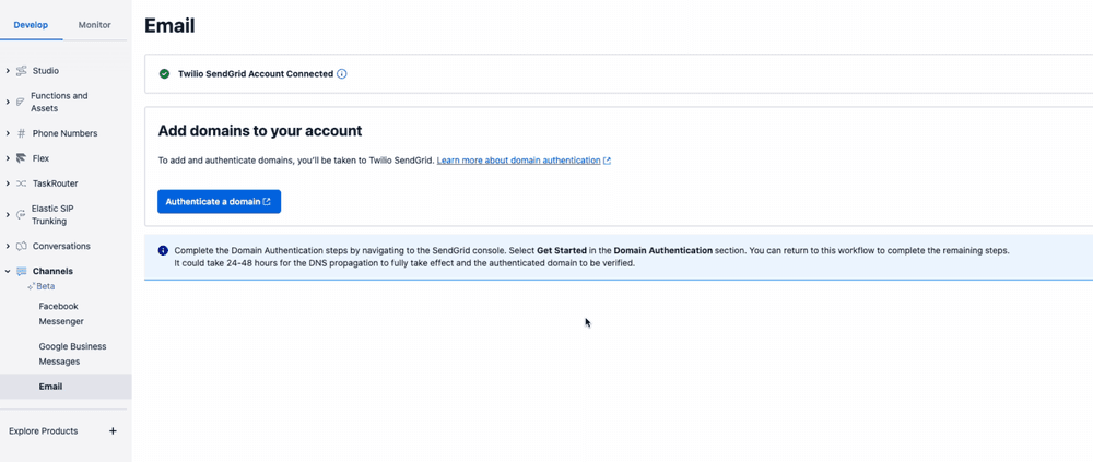Twilio SendGrid account connected with option to authenticate a domain.