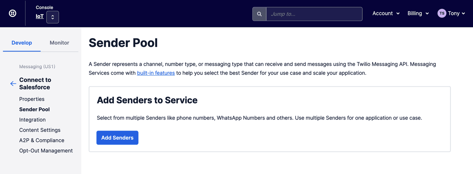 Sender Pool page in Twilio for Salesforce with add senders button.