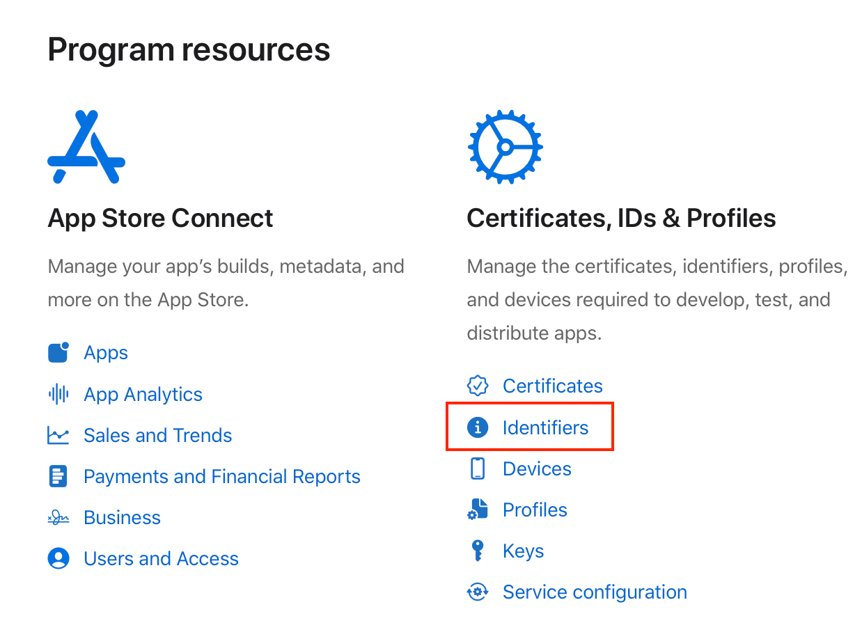 The Apple Developer Portal Program resources page with the Identifiers link highlighted under Certificates, IDs & Profiles.