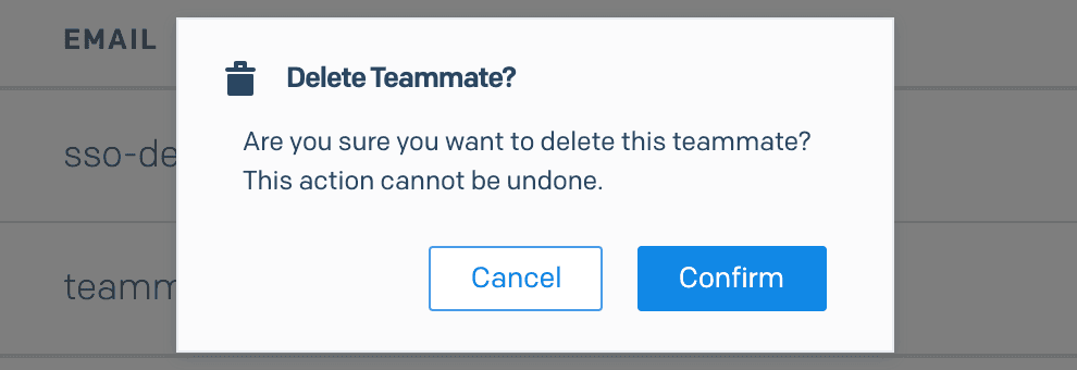 Confirmation dialog to delete a teammate with options to cancel or confirm.