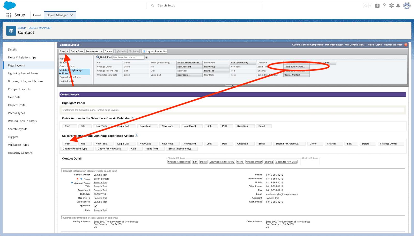 Salesforce contact page layout with Twilio Two Way Messaging highlighted.