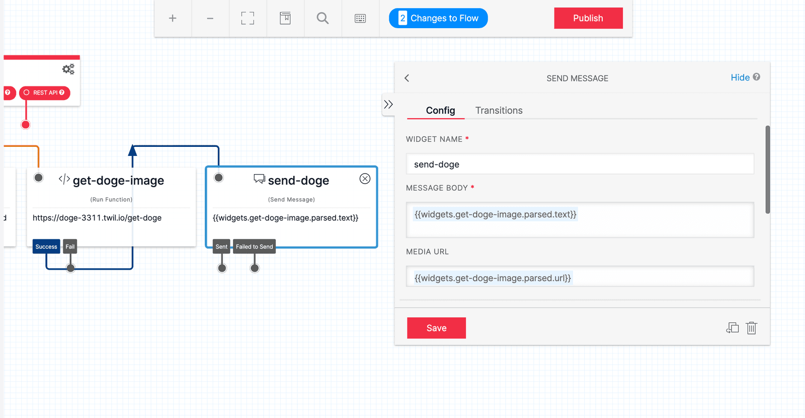 Flowchart showing get-doge- function and send-doge message configuration with liquid template values.