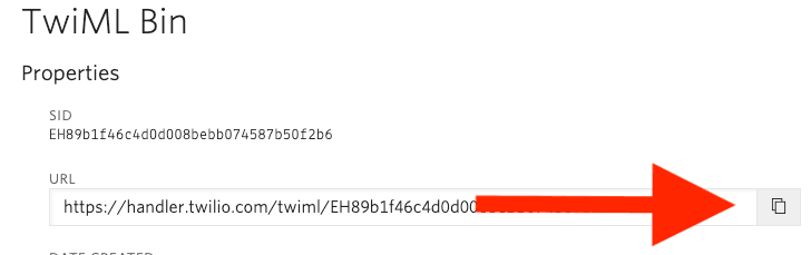 TwiML Bin URL with copy button highlighted.
