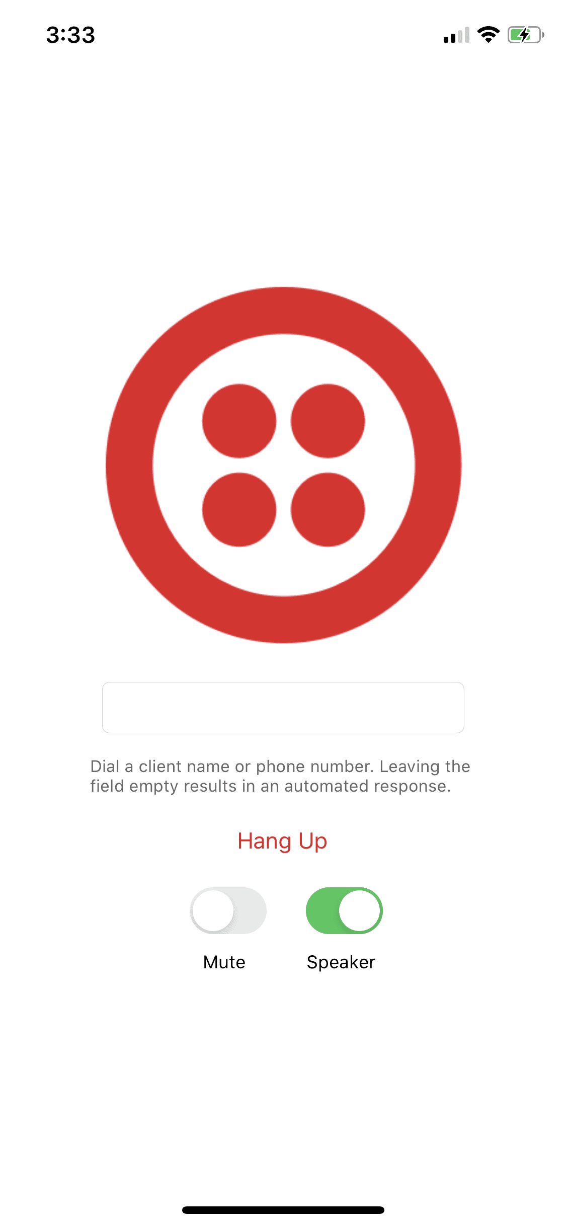 Twilio logo above a phone interface with options to dial, hang up, mute, or enable speaker.