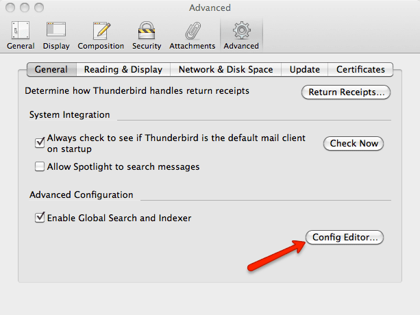 Thunderbird Advanced settings with Config Editor button highlighted.