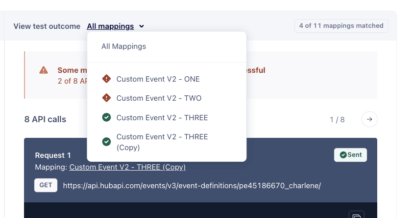 Screenshot of the Event Tester filter with dropdown of different mappings.