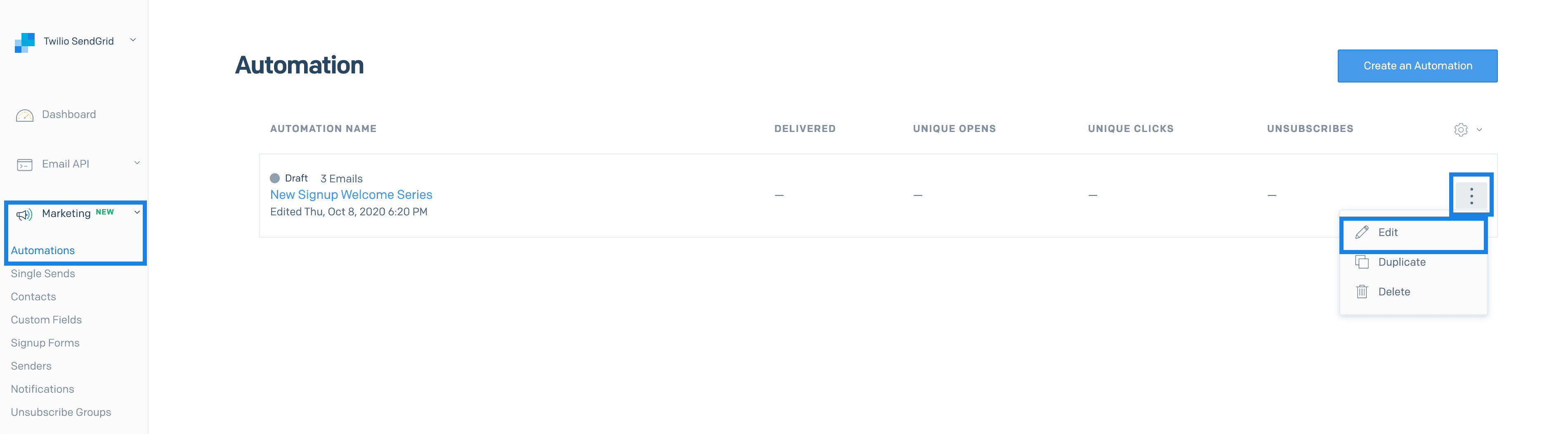 The Edit option selected from the action menu on an Automation.
