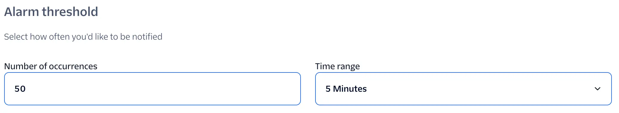 Alarm threshold set to 1 and time period set to every 5 minutes.