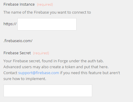 Form fields for Firebase instance URL and secret with instructions for obtaining the secret.