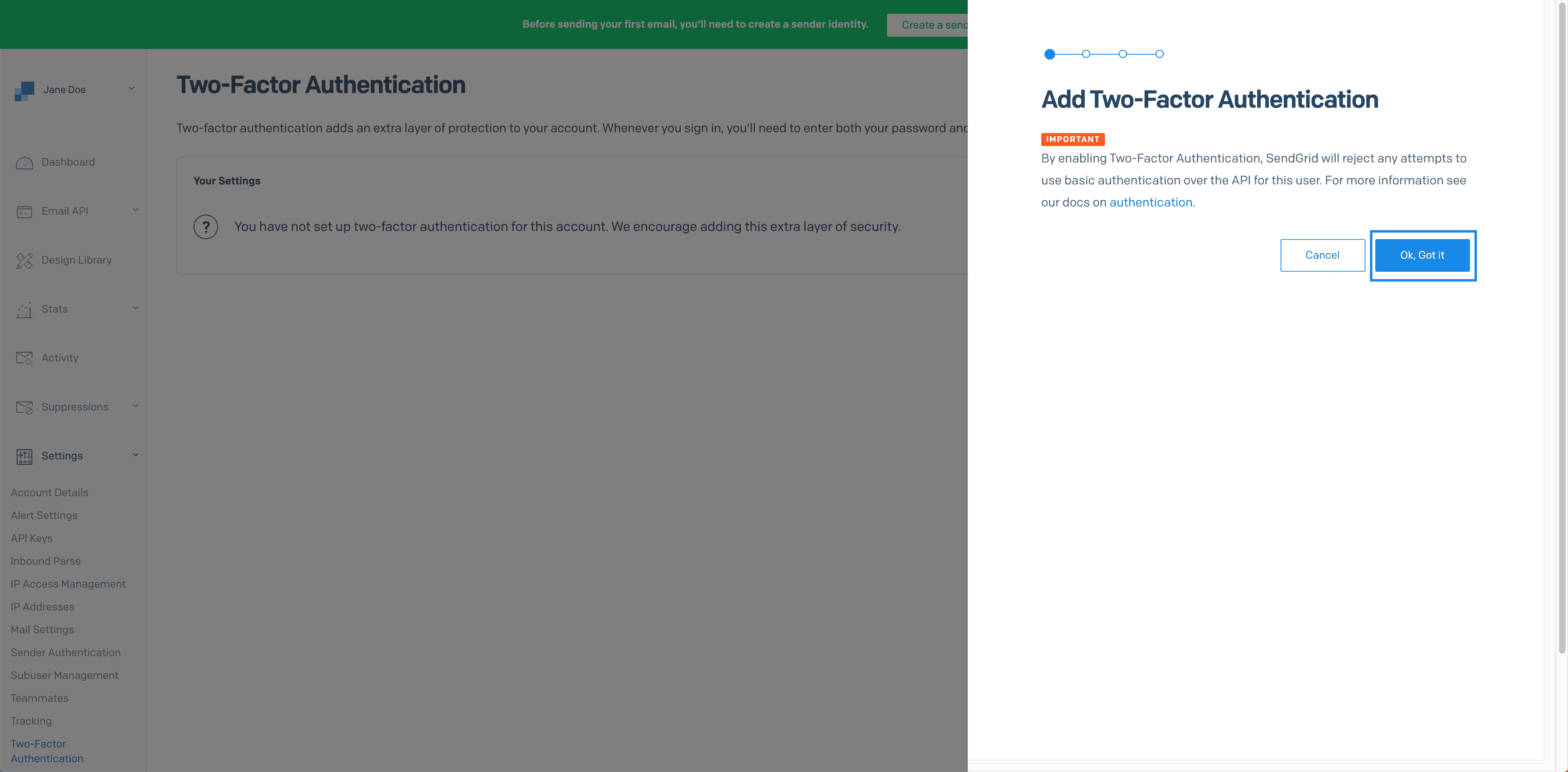 Modal prompting to enable two-factor authentication with options to cancel or confirm.
