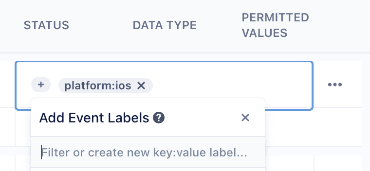 A screenshot of a Tracking Plan, zoomed in to show the event labels search bar. A label of 'platform:ios' is present in the search bar.