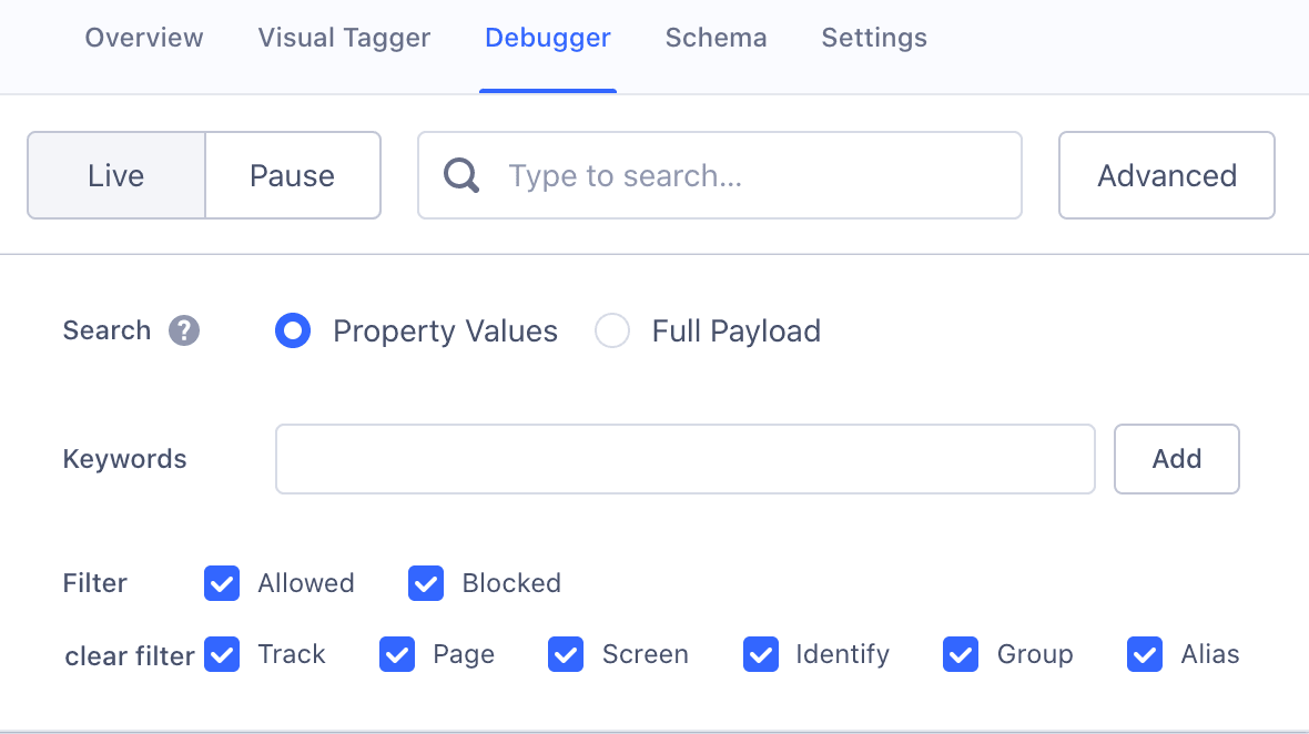 Screenshot of the Debugger view with the Advanced options opened.