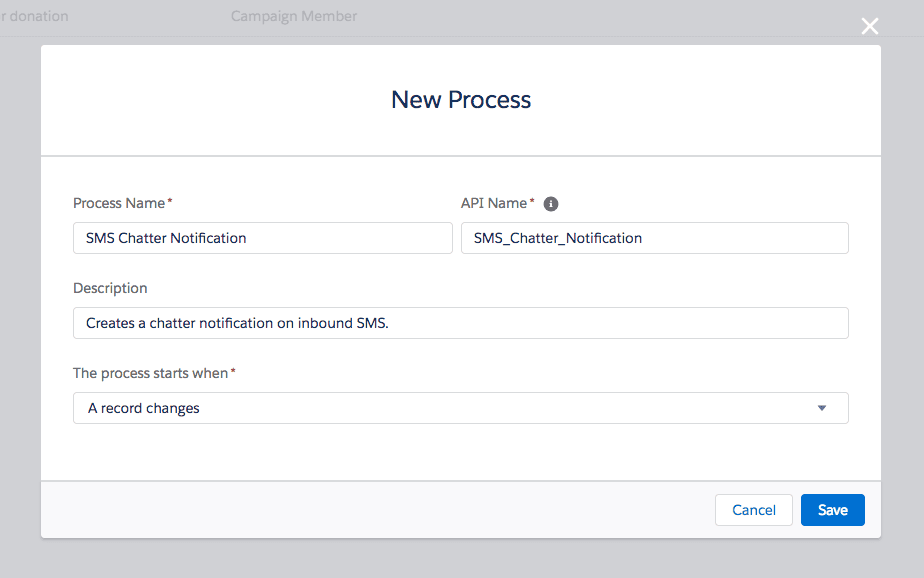 Form for creating SMS Chatter notifications with Twilio in Salesforce.