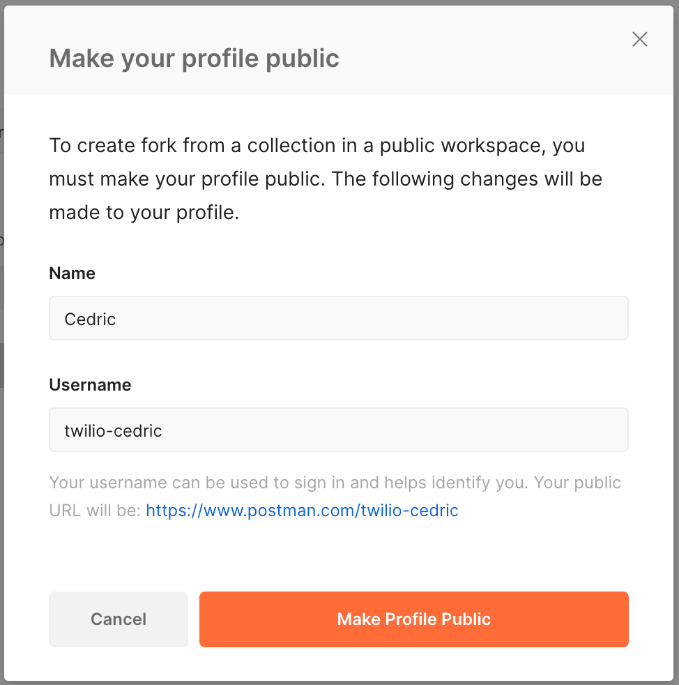 Form to make profile public with fields for name and username.