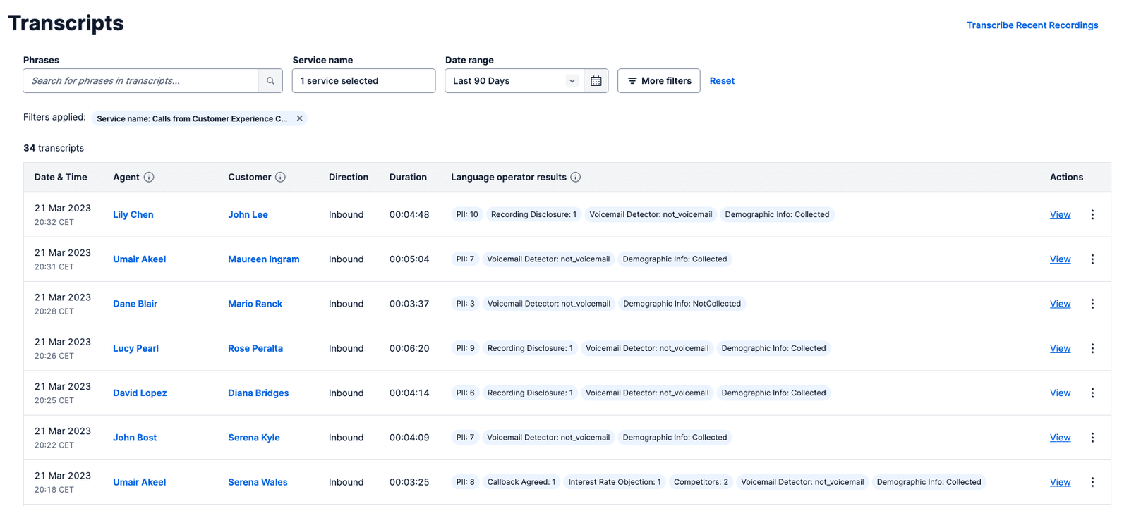 Transcripts table showing date, agent, customer, direction, duration, and language results.