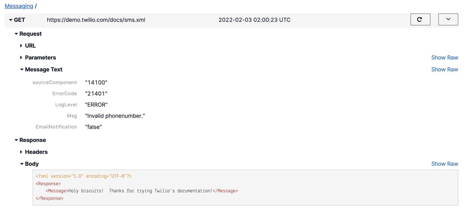 Messaging request inspector showing GET request with error code 21401 and message 'Invalid phonenumber.'.