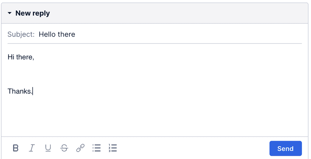 Email draft with subject 'Hello there' and message 'Hi there, Thanks.'.