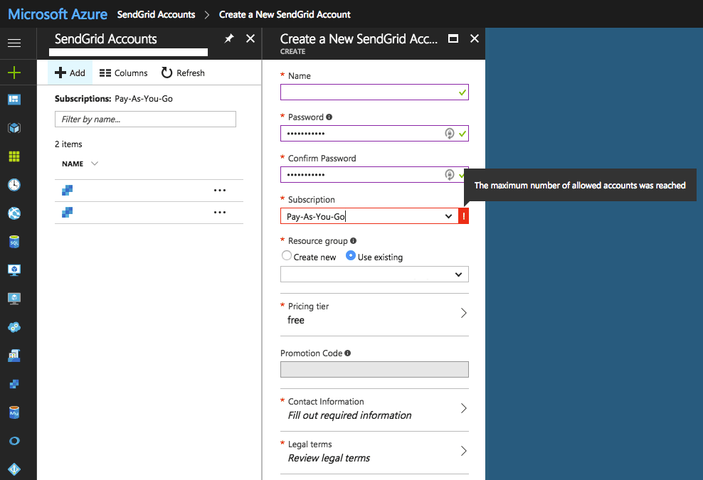 Azure error: maximum number of allowed SendGrid accounts reached during account creation.