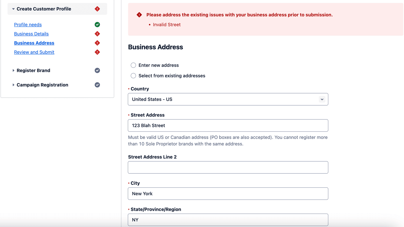 Business address form with error message for invalid street address.