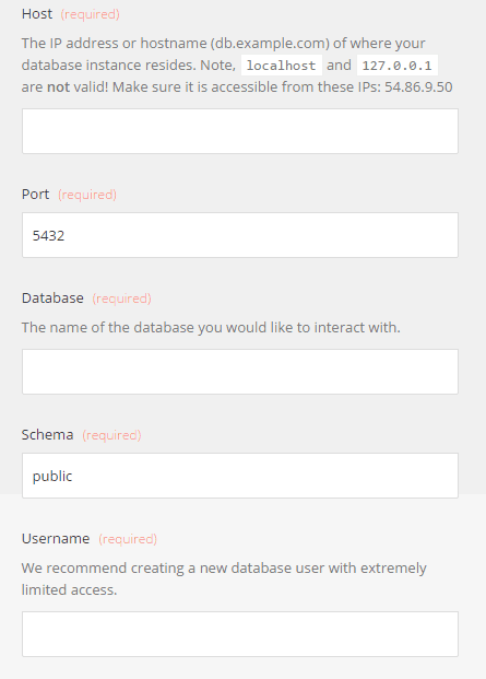 Form fields for PostgreSQL connection including host, port, database, schema, and username.