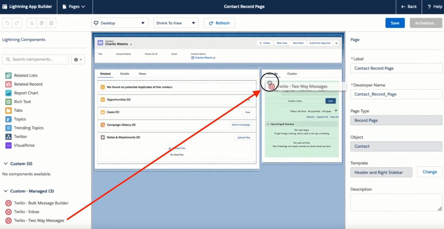 Lightning App Builder showing Twilio Two Way Messages component added to Contact Record Page.