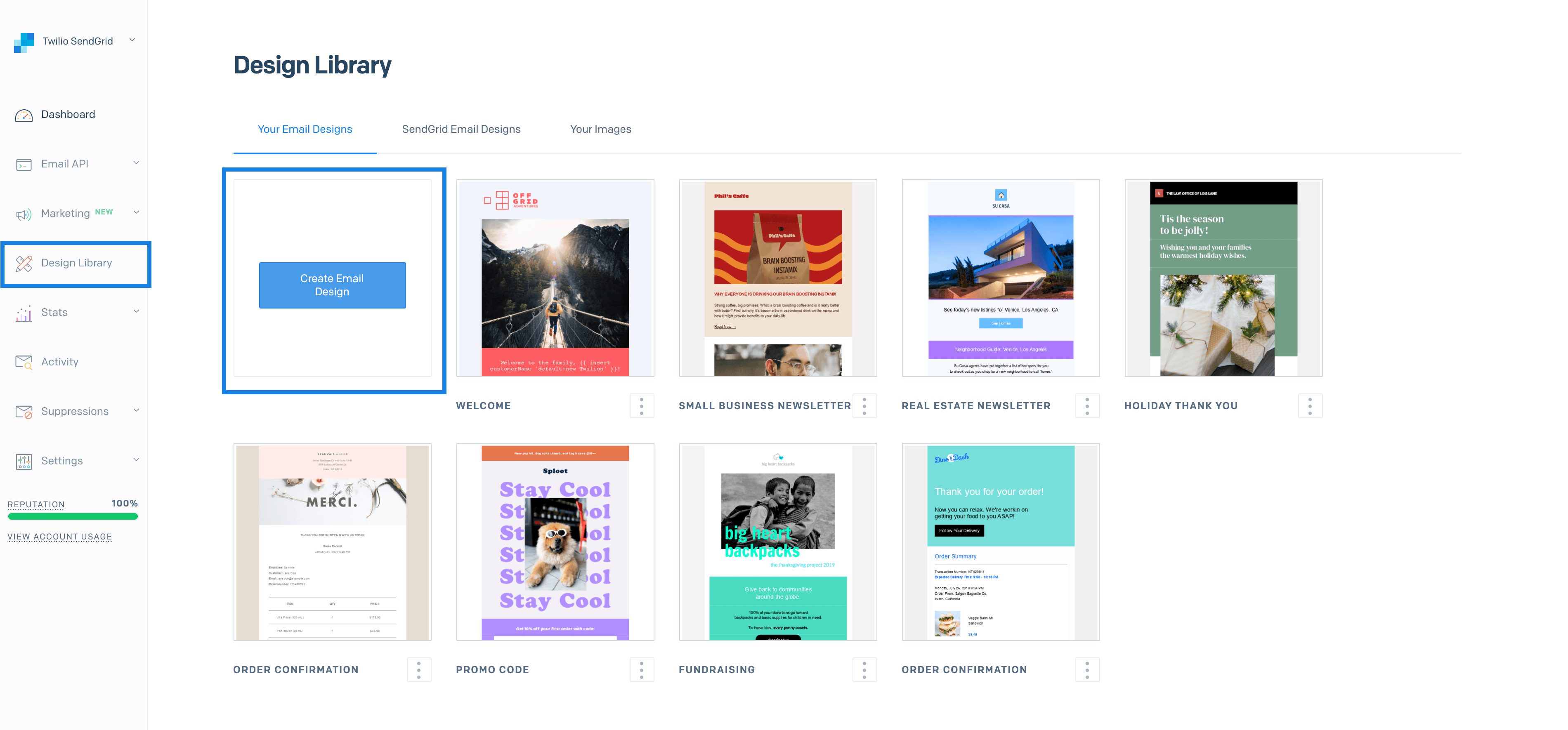Create Email Design button in the Your Email Designs tab of the Design Library.