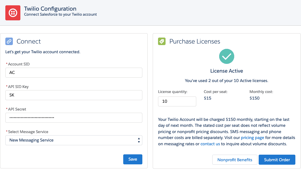 Twilio configuration screen with account SID, API SID key, and license purchase details.