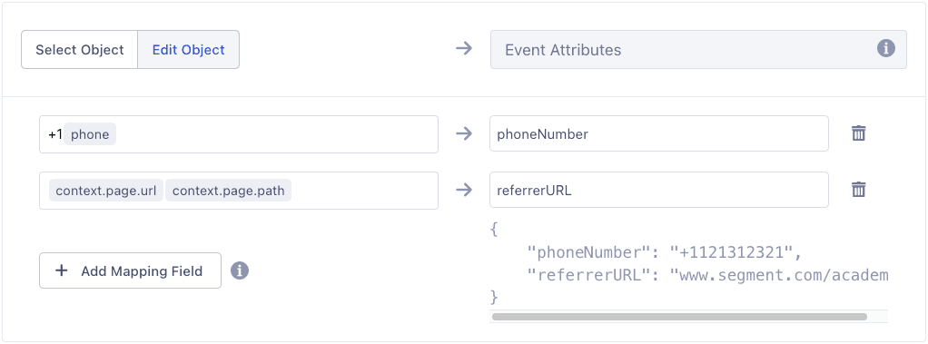 Mapping UI showing two concatenated fields: '+1 phone' and 'context.page.url context.page.path'.