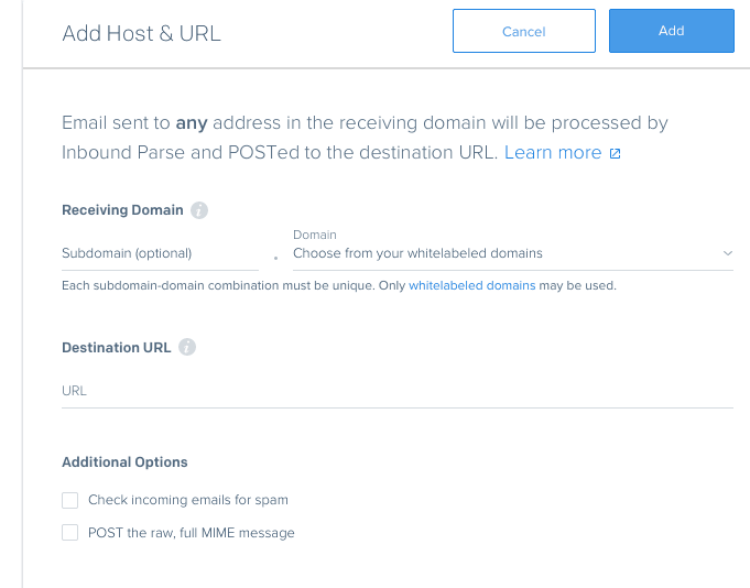 Form for adding host and URL with options for subdomain, destination URL, and email processing settings.