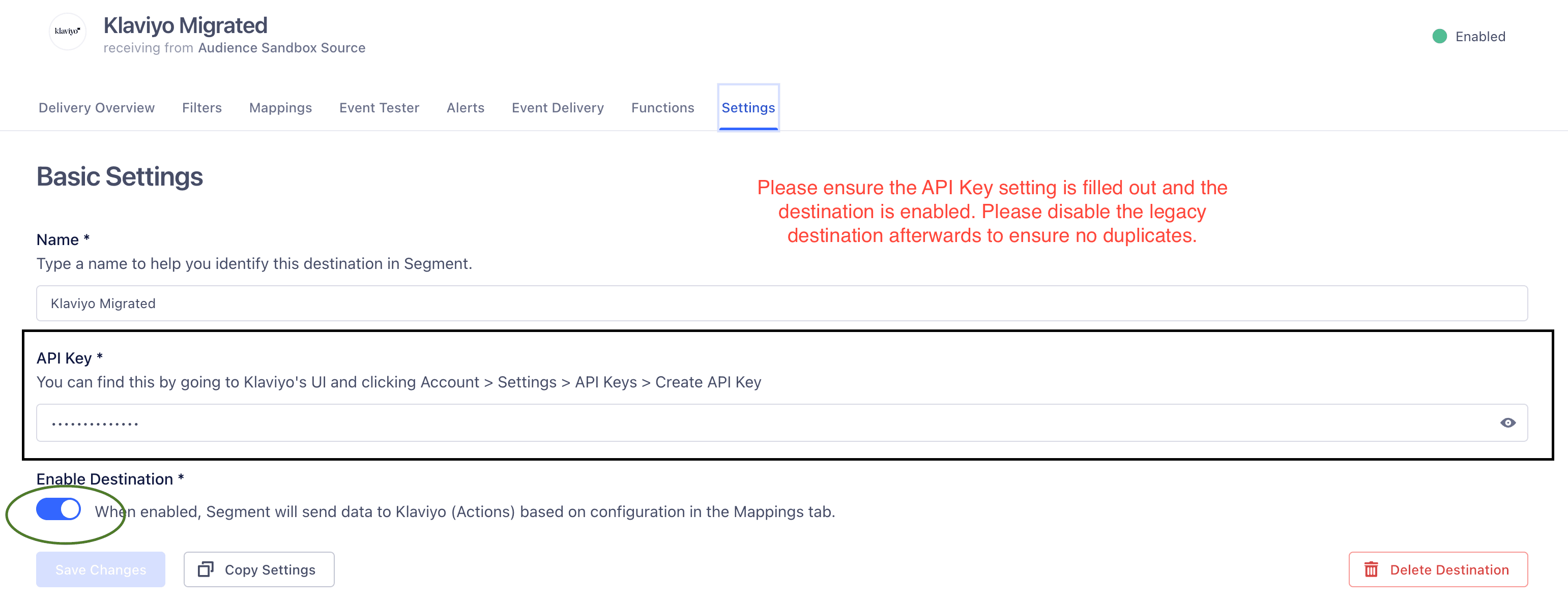 A screenshot of the Settings page for a migrated Klaviyo Actions destination, with a black outline around the API Key field.
