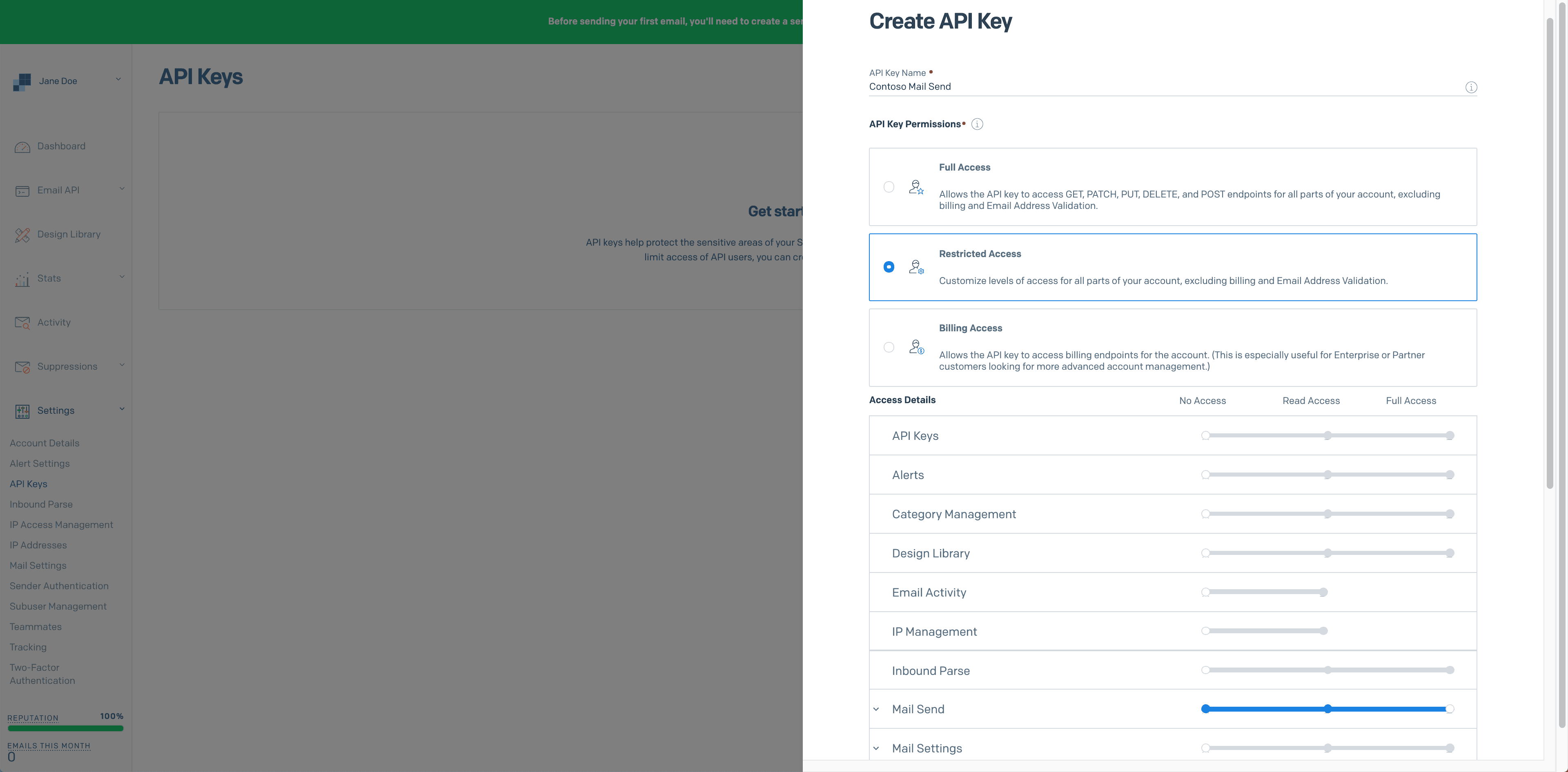 Create API Key modal with options for API key name, permissions, and access levels.