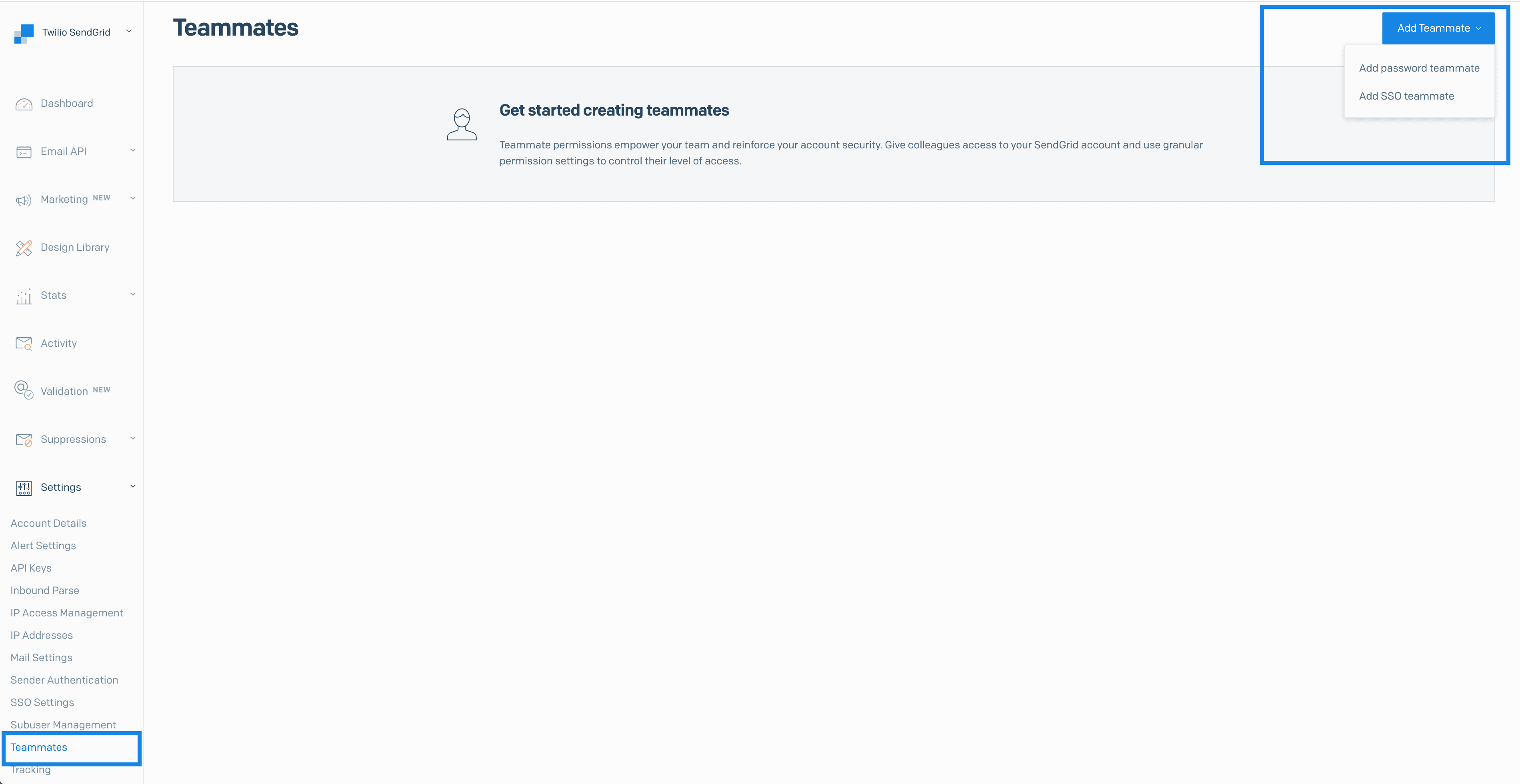 Add teammate options: password or SSO in SendGrid interface.
