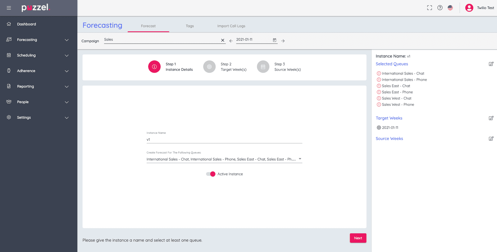 Forecasting interface showing step 1, instance details with selected queues and active instance toggle.