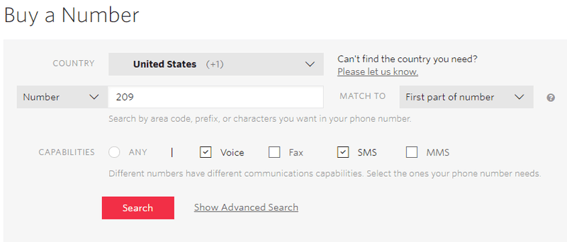 Buy a number interface with options for country, number, and capabilities like Voice and SMS.