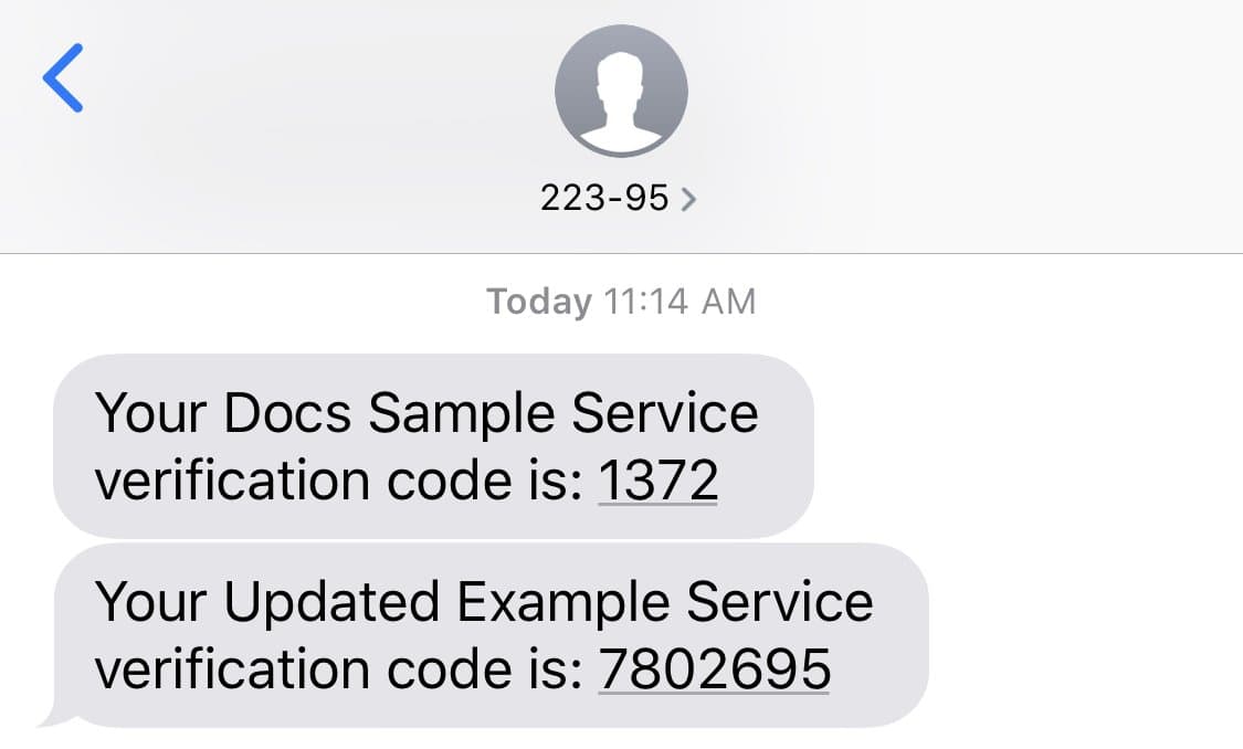 SMS showing verification codes for Docs Sample Service and Updated Example Service.