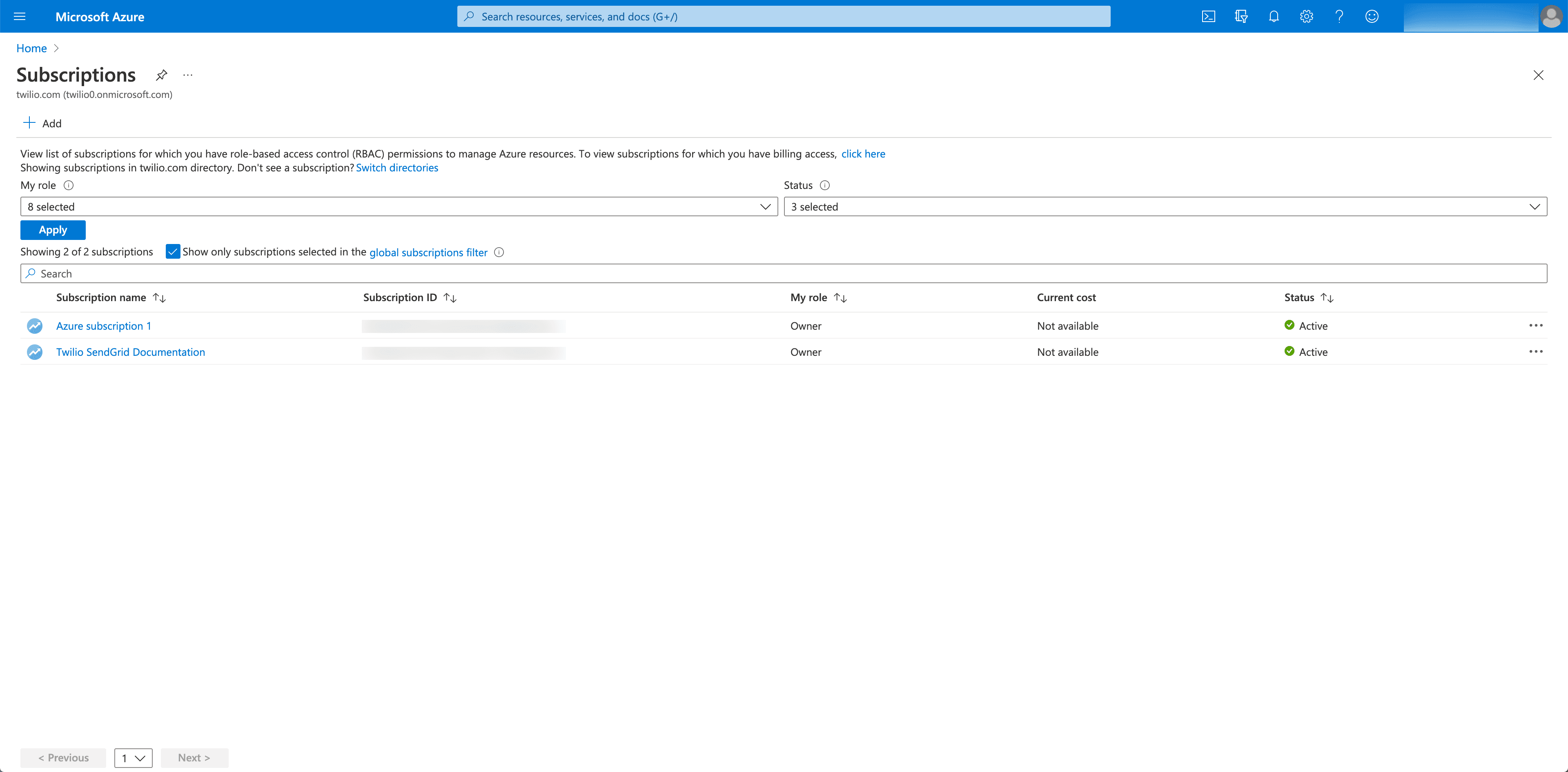 Azure subscriptions list showing two active entries with owner roles.