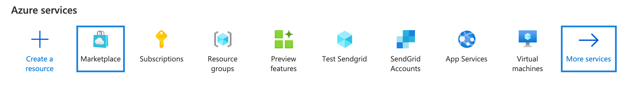 The Azure portal home page with the Marketplace icon highlighted.